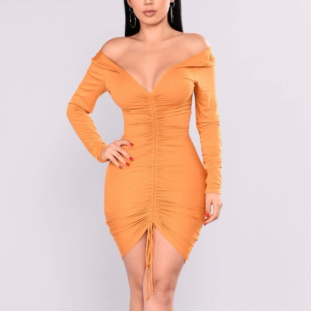 Fashion Nova Off Shoulder Mini Dress Womens M Orange Ruched Bodycon Y2K Clubwear
